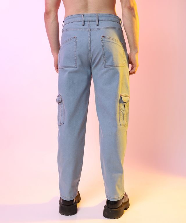 Campus Sutra Men's Straight Cargo Denim Jeans | Blue - 36