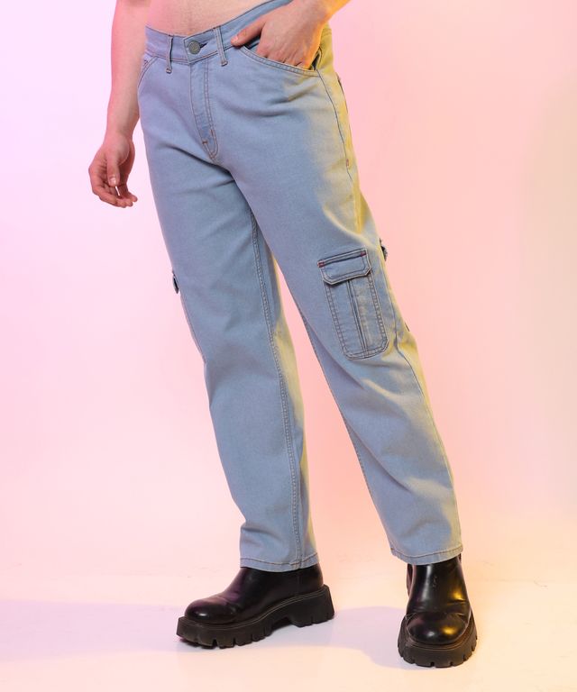 Campus Sutra Men's Straight Cargo Denim Jeans | Blue - 36