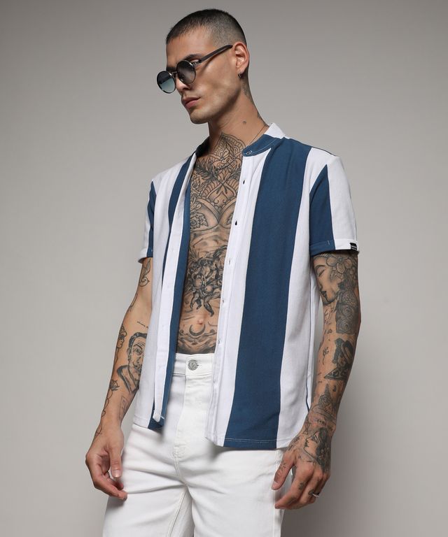 Campus Sutra Men's Striped Cotton Shirt | Blue - XL