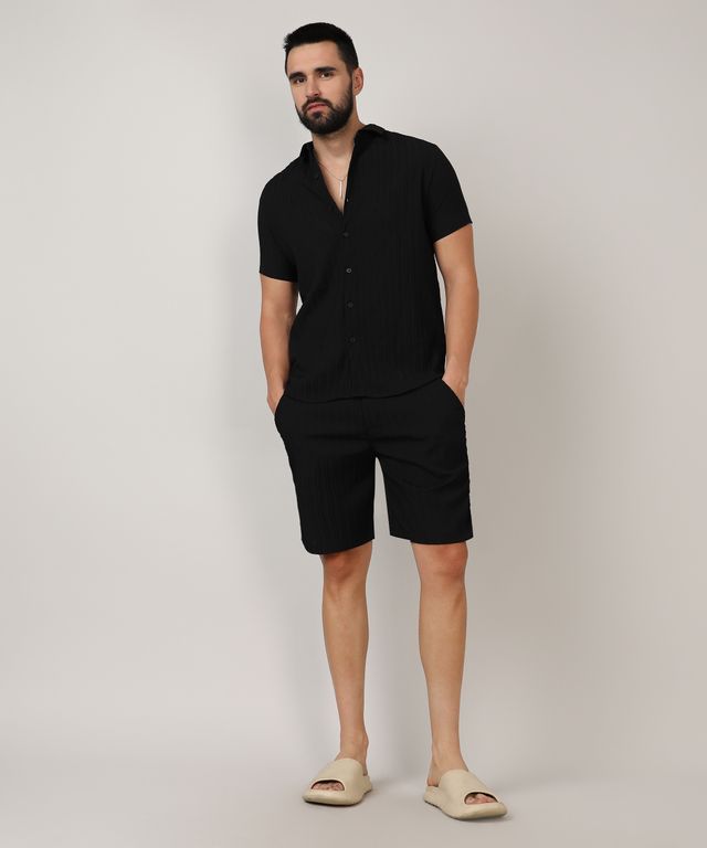 Campus Sutra Men's Self - Design Striped Co-ord Set | Midnight Black - XL