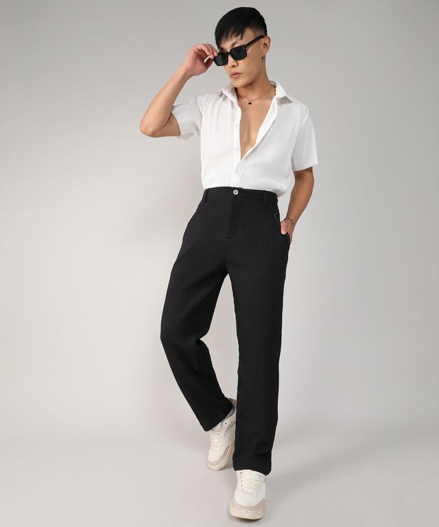 Campus Sutra Men's Onyx Textured Graph Check Trousers | Black - 30