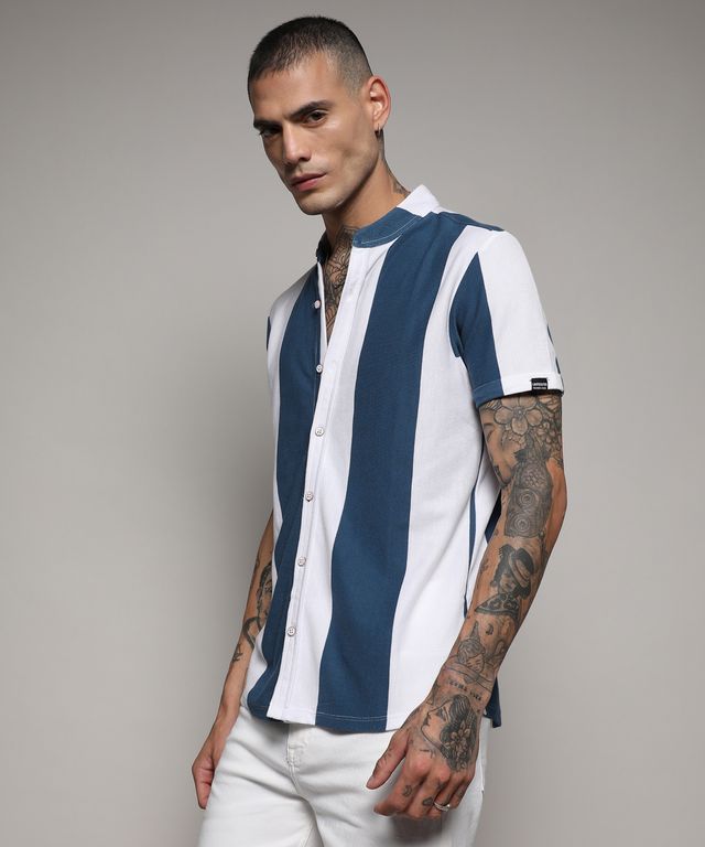 Campus Sutra Men's Striped Cotton Shirt | Blue - XL