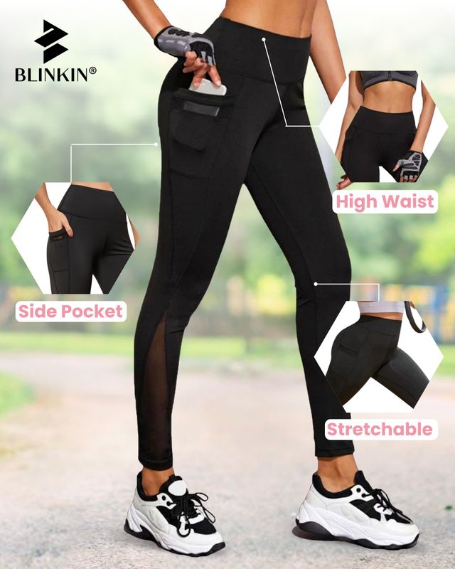 Blinkin Women's Gym Pants & Tights - Black | Stretchable | With Mesh Insert & Side Pockets | L