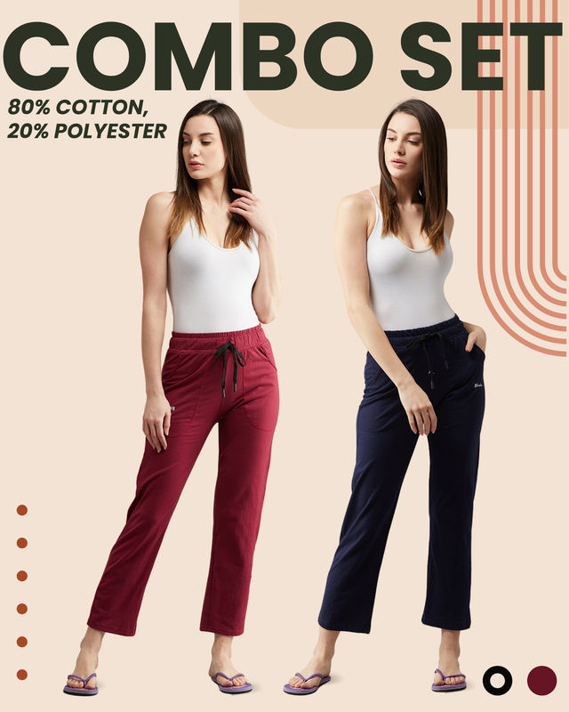 Blinkin Cotton Pyjamas For Women With Side Pockets (Pack Of 2) Maroon Navy - Xl