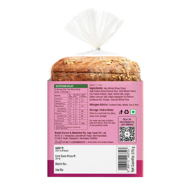 Protein Chef Double Protein Bread (No Maida, Multigrain Brown Bread) - Made with MP Sharbati Wheat 270 g Combo