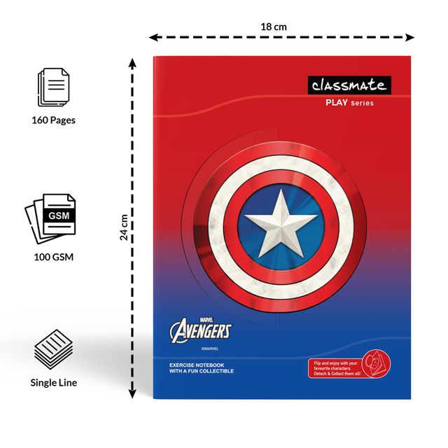 Classmate | Assorted  Ruled Avengers 3 In 1 Flip Cover Notebook (24 x 18 Cm, Multicolour, 160) - 2660029