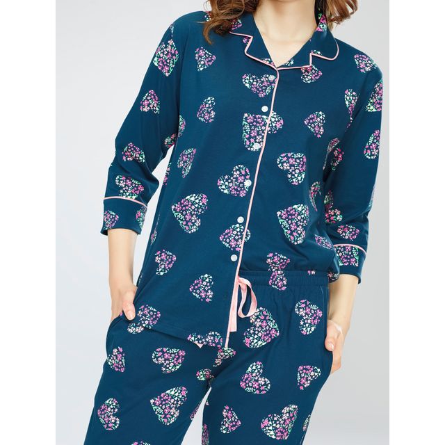 Zeyo Night Suit for Women Teal Heart Printed Cotton Night Dress | Shirt & Pajama Set 5758-TB- XXL
