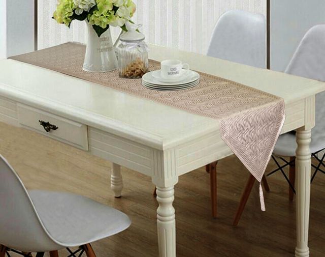 Lushomes Table Runner - Golden and Cream Geo Silk | Tassels | 6 Seater | 12 x 70 inch