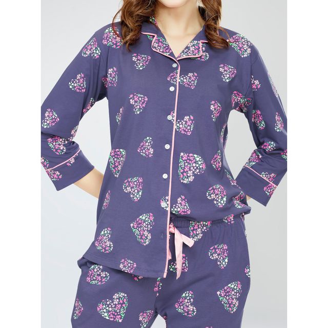 Zeyo Night Suit for Women Blue Heart Printed Cotton Night Dress | Shirt & Pajama Set 5758-BE- M