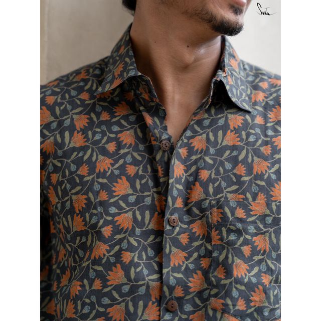 Suta Men's Floral Printed Cotton Shirt | Black - M