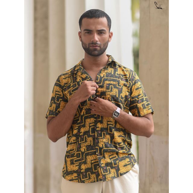 Suta Men's Cotton Shirt | Yellow & Green - L