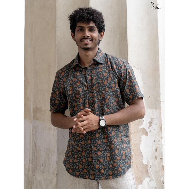 Suta Men's Floral Printed Cotton Shirt | Black - M