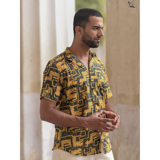 Suta Men's Cotton Shirt | Yellow & Green - L
