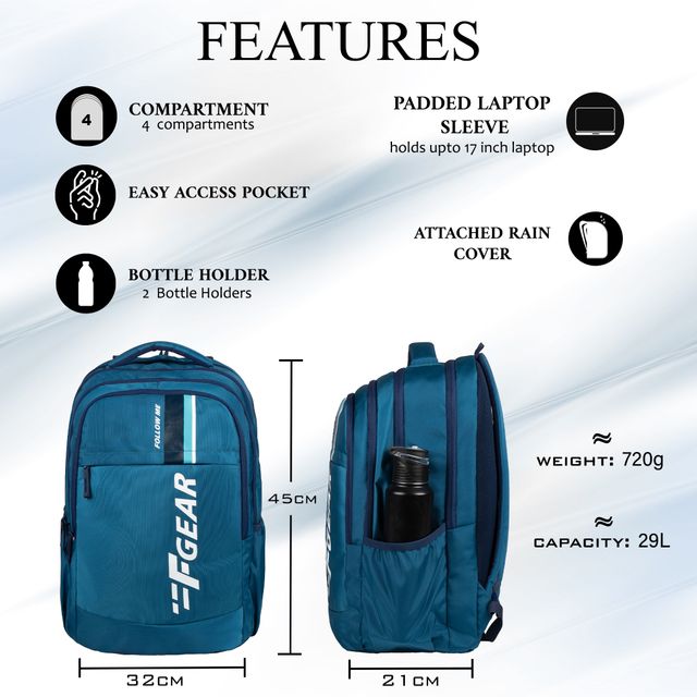 F Gear Unisex Solid Polyester 29 L Padded Grab Handle Laptop Backpack | Aqua Blue - 17 Inches
