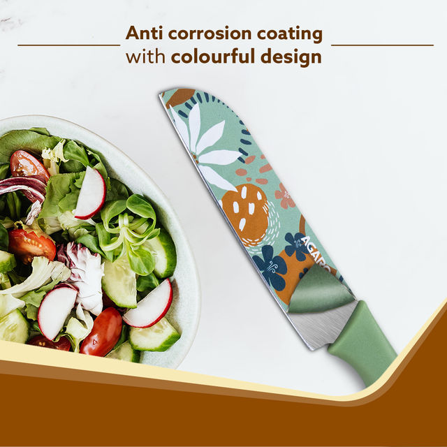 Agaro Printed Knife Set, Stainless Steel, Non-Slip Handle, Plastic Cover | Blue, Green & Pink
