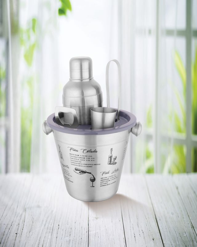 Roxx Gracia Bar Tool Set | Stainless Steel | Shaker, Jigger, Tong, Ice Bucket, Opener | Silver