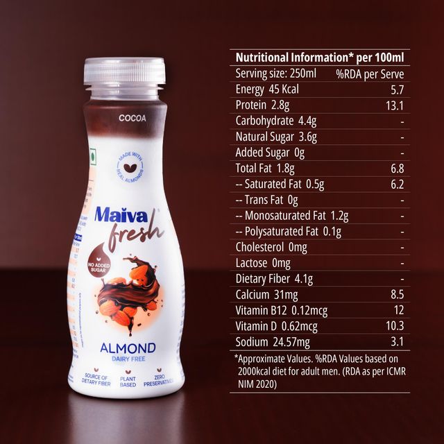 Maiva Fresh Almond Milk - Cocoa - No Added Sugar - Plant Based Milk 250 ml Combo