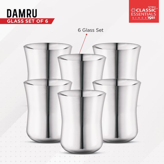 Classic Essentials Stainless Steel Damru Glass Set Water/juice Glass 350ml Pack of 6