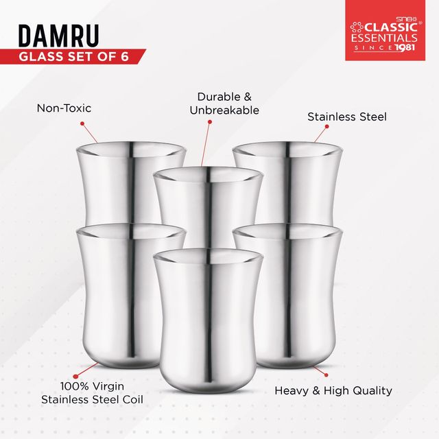 Classic Essentials Stainless Steel Damru Glass Set Water/juice Glass 350ml Pack of 6