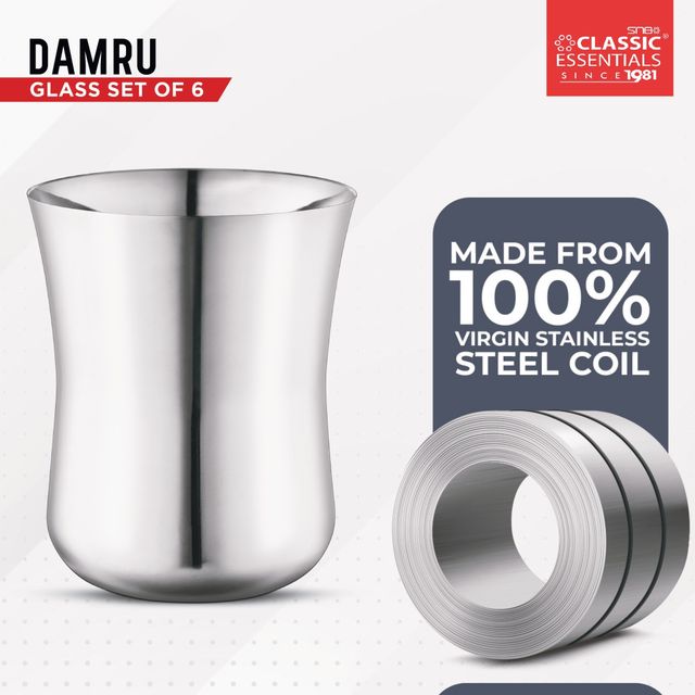 Classic Essentials Stainless Steel Damru Glass Set Water/juice Glass 350ml Pack of 6