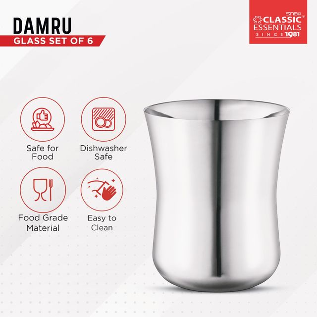 Classic Essentials Stainless Steel Damru Glass Set Water/juice Glass 350ml Pack of 6