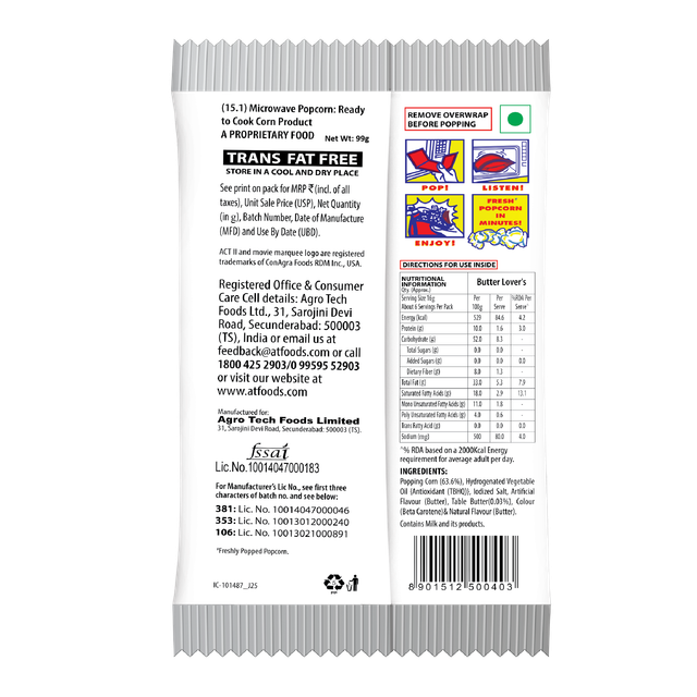 ACT II Microwave Popcorn Butter Lover(99gms) & Butter(70gms) Combo