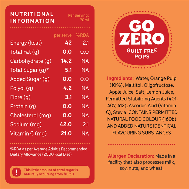Go Zero Valencia Orange Low Calorie Guilt Free Ice Cream Popsicle 70 ml Combo