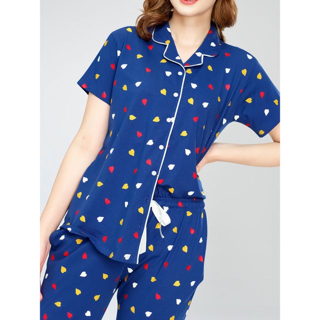 Zeyo Night Suit for Women Blue Heart Printed Cotton Night Dress | Shirt & Pajama Set 5749-BE- XL