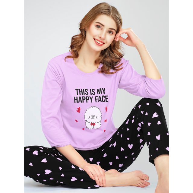 Zeyo Night Suit for Women Pink Heart Printed Cotton Night Dress of Top & Pajama Set 5783-PK- M