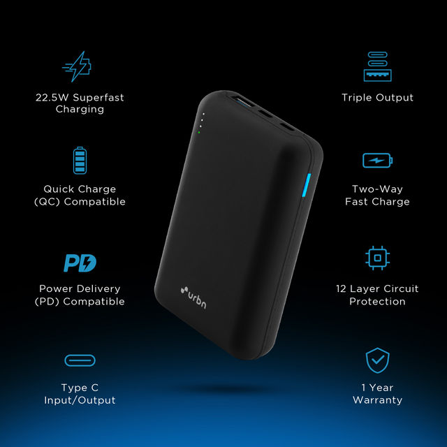 URBN 20000 mAh Premium Black Edition Nano Power Bank | 22.5W Super Fast Charging (Black)