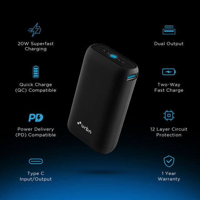 URBN 10000 mAh 20W Super Fast Charging Nano Power Bank with EV-Batteries,Type C Input/Output (Black)
