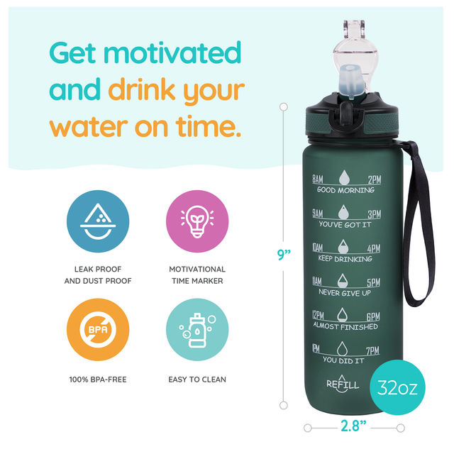 Solara Water Bottle With Time Markings 1L, 100% Bpa Free Tritan Plastic Water Bottle - Hunter Green