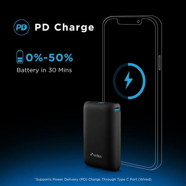 URBN 10000 mAh 20W Super Fast Charging Nano Power Bank with EV-Batteries,Type C Input/Output (Black)