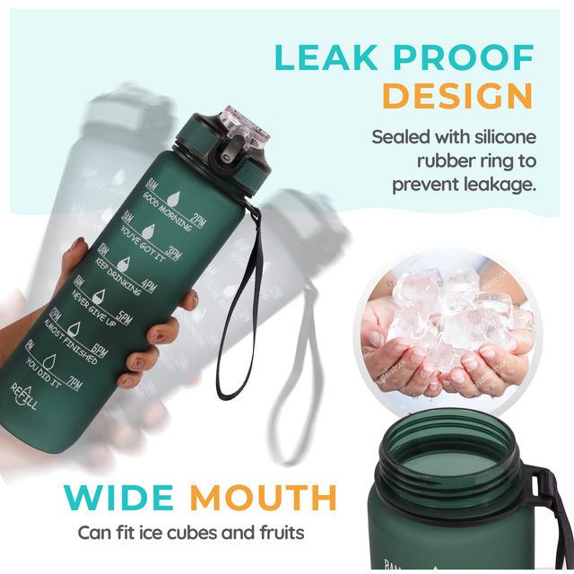 Solara Water Bottle With Time Markings 1L, 100% Bpa Free Tritan Plastic Water Bottle - Hunter Green