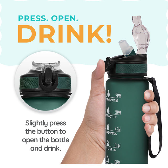 Solara Water Bottle With Time Markings 1L, 100% Bpa Free Tritan Plastic Water Bottle - Hunter Green