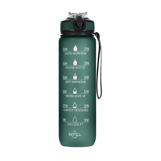Solara Water Bottle With Time Markings 1L, 100% Bpa Free Tritan Plastic Water Bottle - Hunter Green