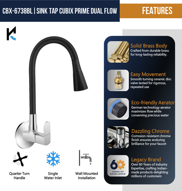 Kamal Sink Tap Uniqube Prime | 360 Degree Flexible Black Flexo Play Spout |Chrome | Dual Flow Sh