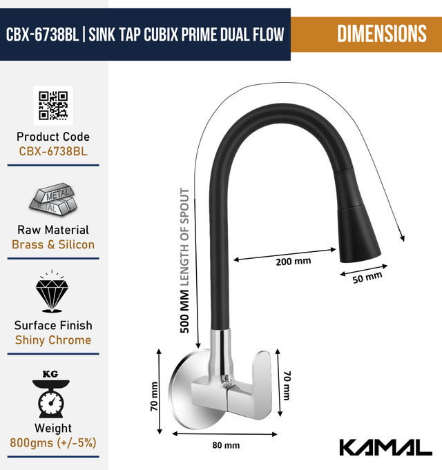 Kamal Sink Tap Uniqube Prime | 360 Degree Flexible Black Flexo Play Spout |Chrome | Dual Flow Sh