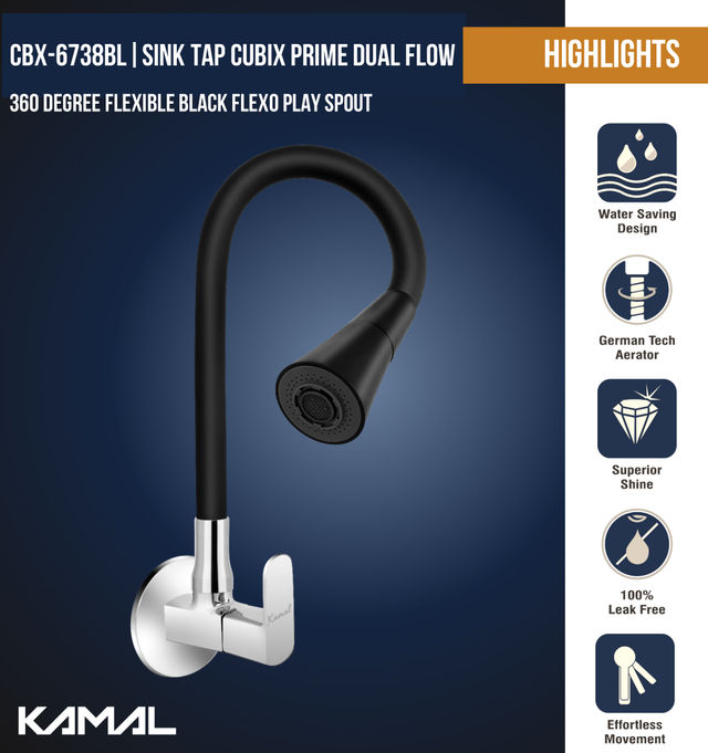 Kamal Sink Tap Uniqube Prime | 360 Degree Flexible Black Flexo Play Spout |Chrome | Dual Flow Sh