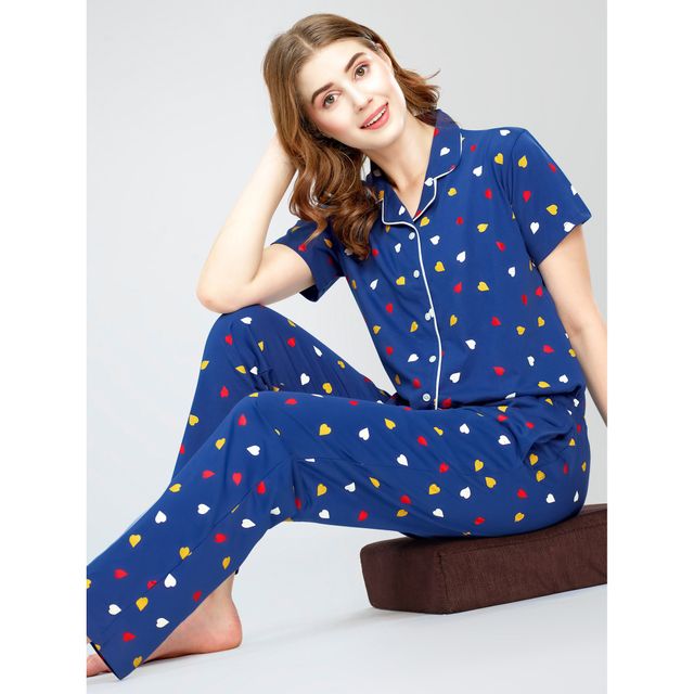 Zeyo Night Suit for Women Blue Heart Printed Cotton Night Dress | Shirt & Pajama Set 5749-BE- XL