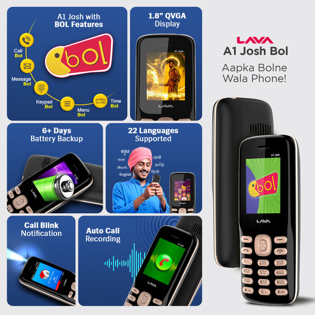 Lava A1 Josh Dual Sim Keypad Mobile | 1.77" Display | 1000mAh Battery | Bol Feature | Black Gold