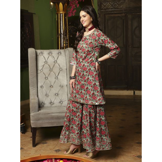 Bandia Women's Floral Kurta Sharara Set with Chiffon Dyed Dupatta | BANKS0096 | Green and Red | M