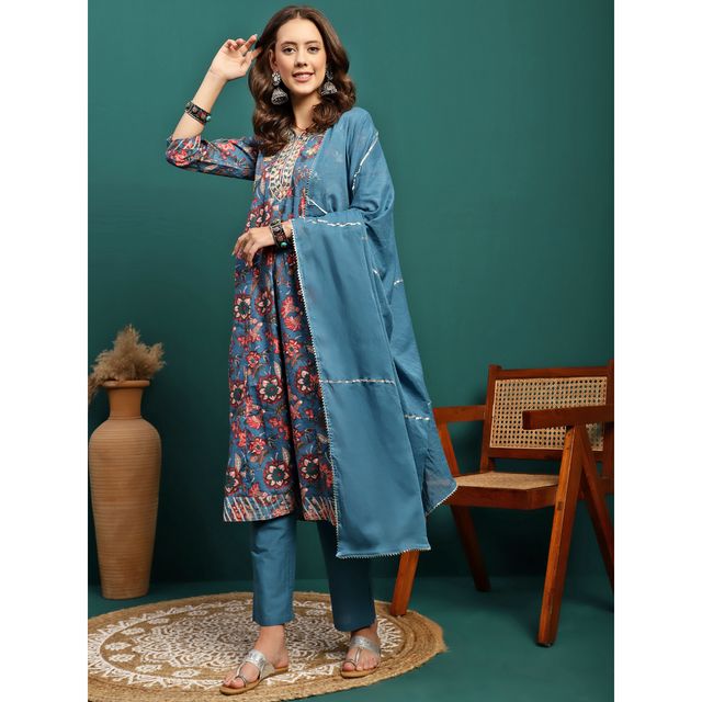 Bandia Women's Floral Gota Patti Anarkali Kurta Trouser Set with Dupatta | BANKS0211 | Indigo | XL