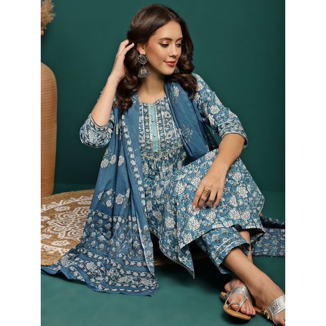 Bandia Women's Floral Printed Kurta Trouser Set with Dupatta | BANKS0228 | Blue and White | L