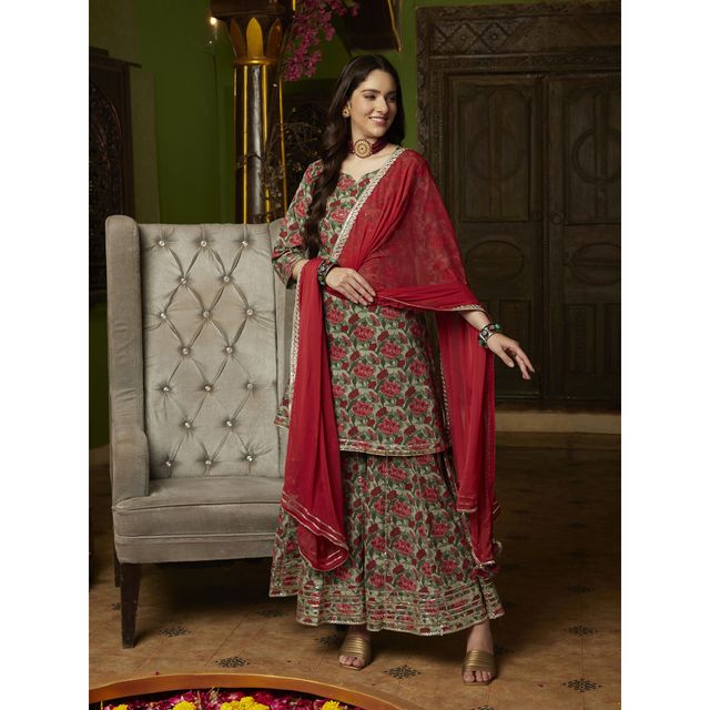 Bandia Women's Floral Kurta Sharara Set with Chiffon Dyed Dupatta | BANKS0096 | Green and Red | M