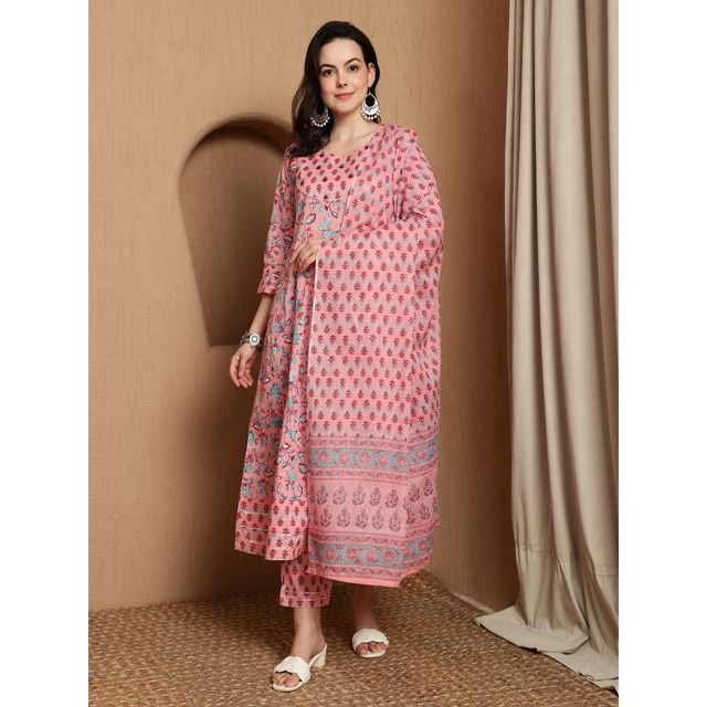 Bandia Women's Floral Printed Anarkali Kurta Trouser Set with Dupatta | BANKS0286 | Multicolor | M