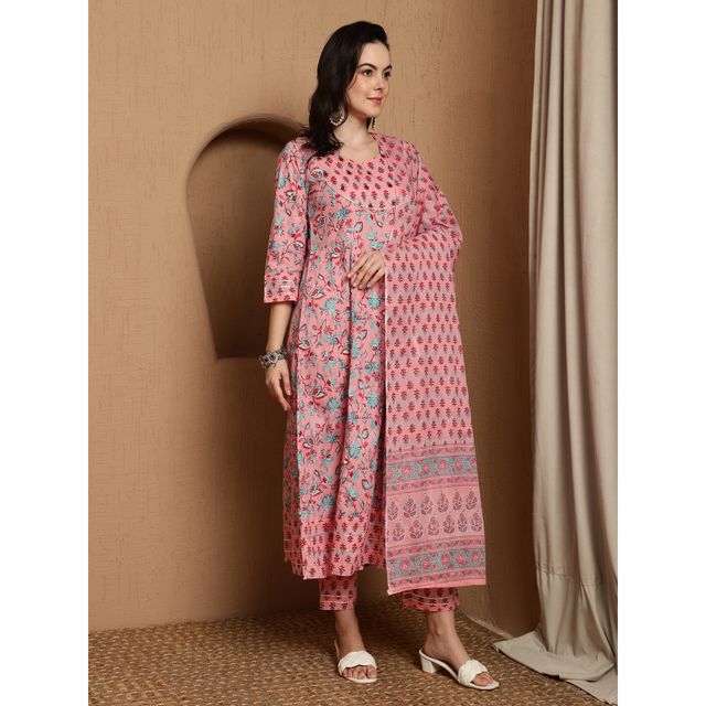 Bandia Women's Floral Printed Anarkali Kurta Trouser Set with Dupatta | BANKS0286 | Multicolor | M