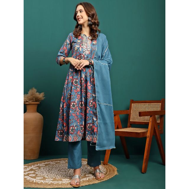 Bandia Women's Floral Gota Patti Anarkali Kurta Trouser Set with Dupatta | BANKS0211 | Indigo | XL