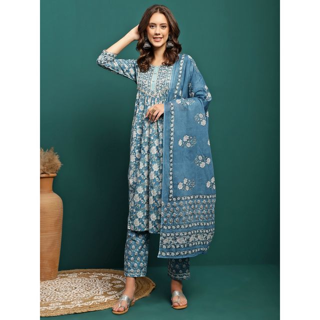 Bandia Women's Floral Printed Kurta Trouser Set with Dupatta | BANKS0228 | Blue and White | L
