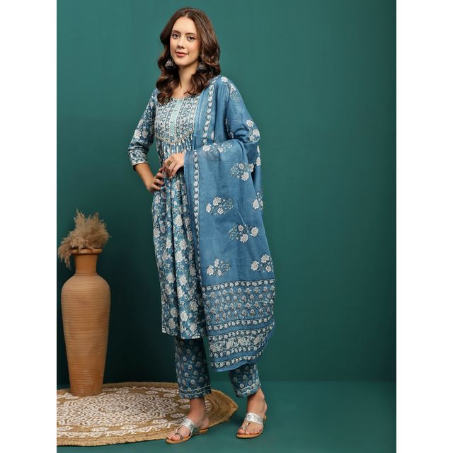 Bandia Women's Floral Printed Kurta Trouser Set with Dupatta | BANKS0228 | Blue and White | L